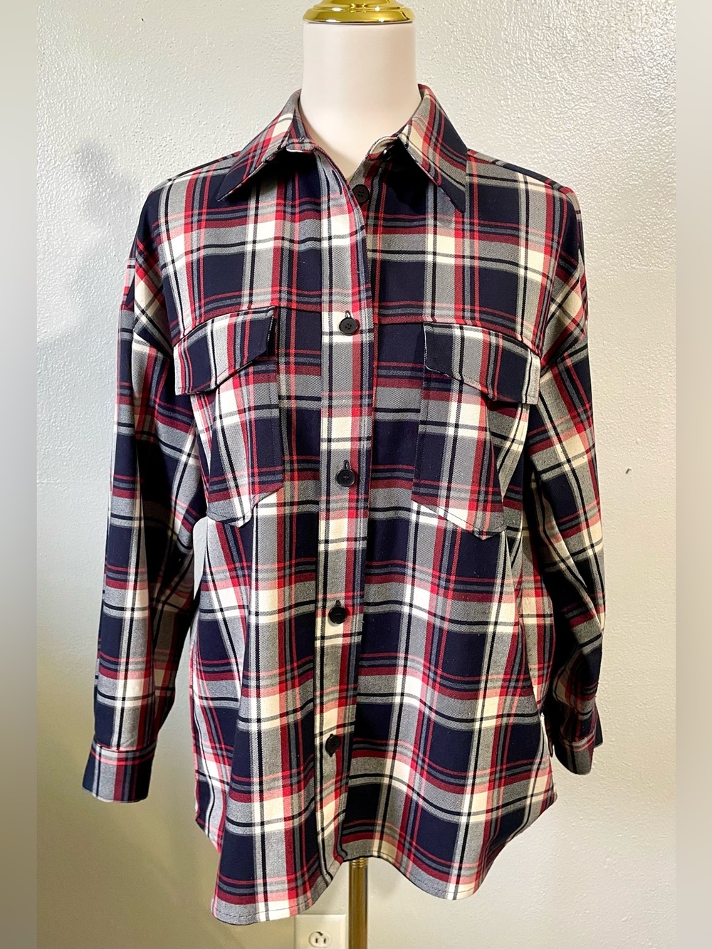 Maje Plaid Flannel Button Up Shirt Red Black Parisian Heritage Size 2/Medium